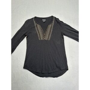Lucky Brand Womens XS Black Studded Embroidered Split Neck Slub Knit Top Boho